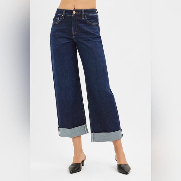RISEN Mid Rise Deep Dark Wash Wide Leg Rolled Cuffed Ankle Jeans Various NEW - Picture 6 of 6